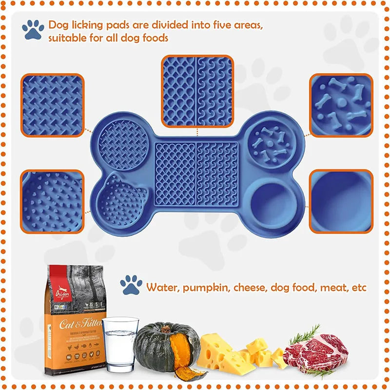 6 in 1 Dogs Slow Feeder Mat Bone Shape Dog Lick Mat Silicone Lick Mat Water Bowl With Suction