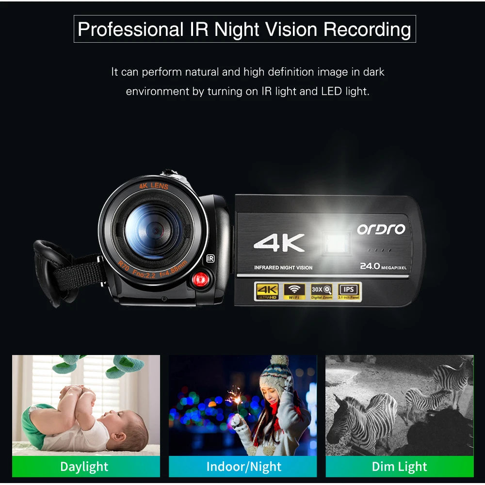 Video Camera 4K Digital Camcorder Professional, Ordro AC3 YouTube Blogger Vlog Cameras Filmadora With Microphone 64GB SD Card