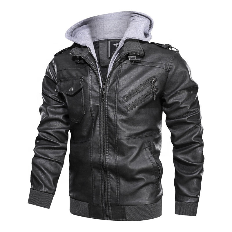 Autumn/Winter Men's Hooded PU Waterproof Leather Jacket Large Size Casual Leather Hiking Clothing Trend Young Motorcycle Wear