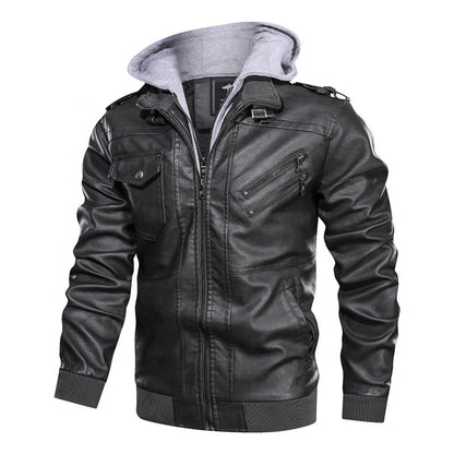 Autumn/Winter Men's Hooded PU Waterproof Leather Jacket Large Size Casual Leather Hiking Clothing Trend Young Motorcycle Wear