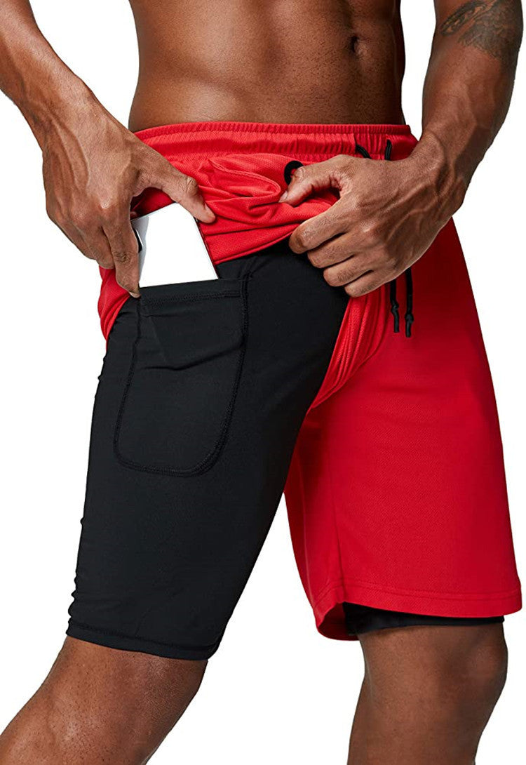 2 in 1 Gym Wear Cross Fit Shorts Mens Gym Workout Short Sports Running Shorts With Inner Phone Pocket Compression Gym Shorts