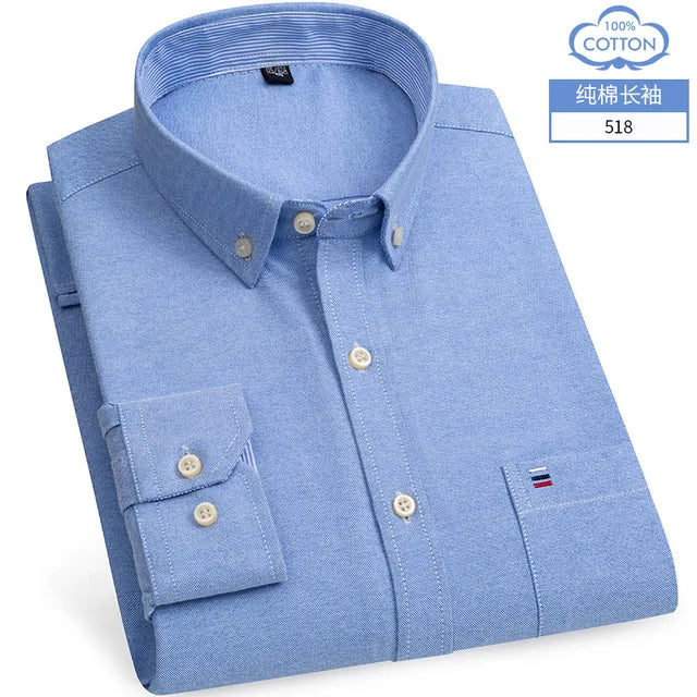 Men's Cotton Oxford Plaid Long Sleeve Casual Shirt with Pocket