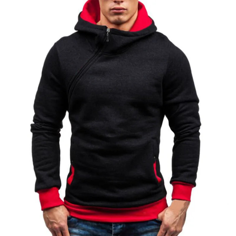 Men's Casual Polyester Cotton Hoodie with Diagonal Zipper