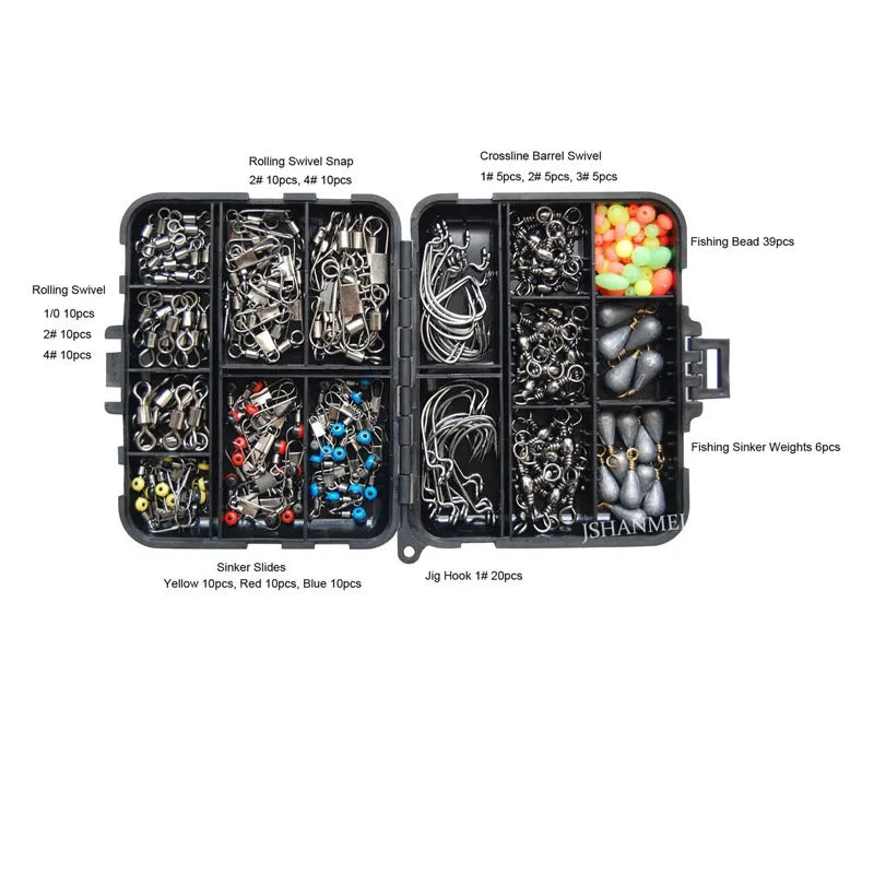 JSM 160pcs/Box Fishing Accessories Kit Including Jig Hooks Fishing Sinker Weights Fishing Swivels Snaps With Fishing Tackle Box