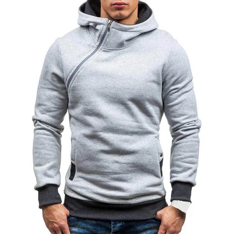 Men's Casual Polyester Cotton Hoodie with Diagonal Zipper