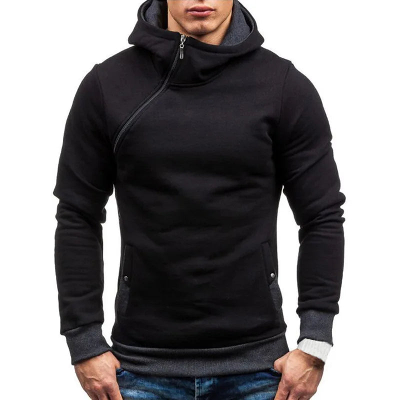 Men's Casual Polyester Cotton Hoodie with Diagonal Zipper