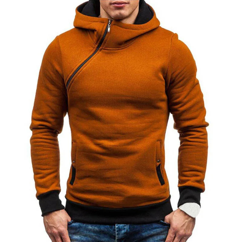Men's Casual Polyester Cotton Hoodie with Diagonal Zipper