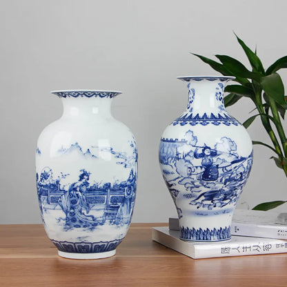 Classic Chinese Blue and White Ceramic Vase Antique Tabletop Porcelain Flower Vase for Hotel Dining Room Decoration