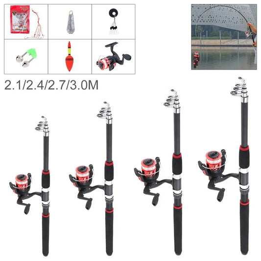 2.1m 2.7m 3m Fishing Rod Reel Line Combo Full Kits Spinning Reel Pole Set With Carp Fishing Lures Fishing Float Hooks Beads