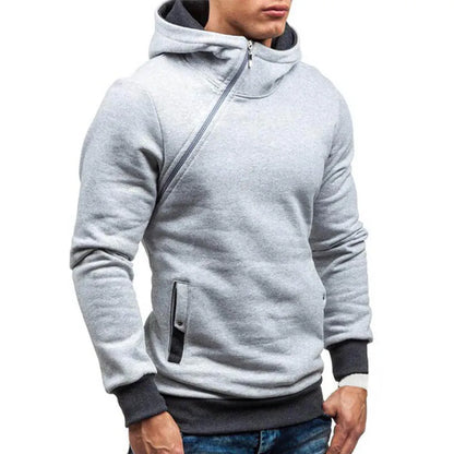 Men's Casual Polyester Cotton Hoodie with Diagonal Zipper