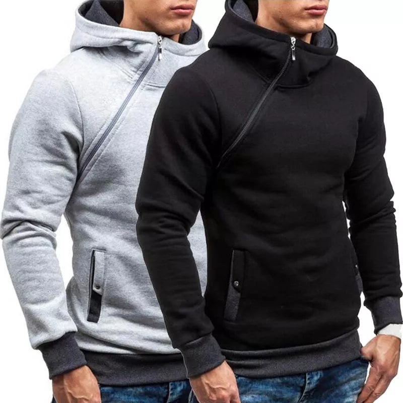 Men's Casual Polyester Cotton Hoodie with Diagonal Zipper