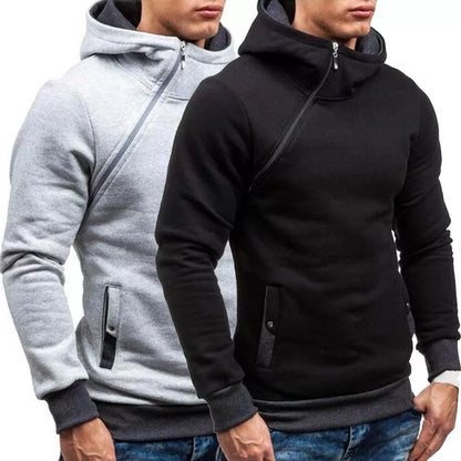 Men's Casual Polyester Cotton Hoodie with Diagonal Zipper