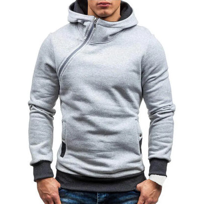 Men's Casual Polyester Cotton Hoodie with Diagonal Zipper