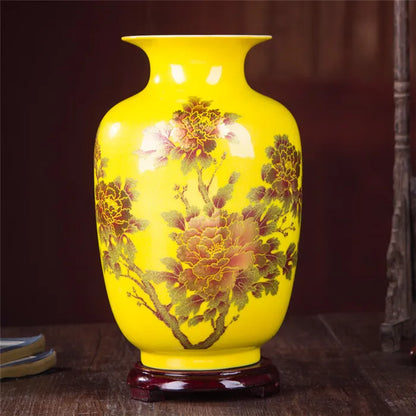 New Chinese Style Vase Jingdezhen Yellow Crystal Glaze Flower Vase Home Decor Handmade Shining Famille Rose Vases