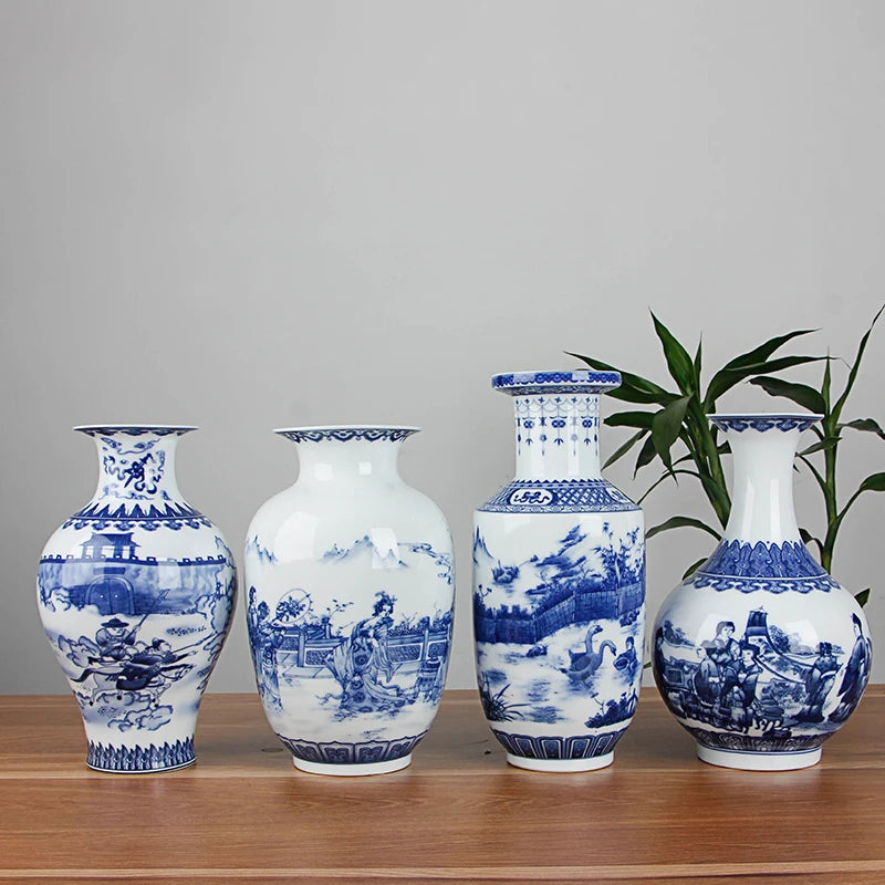 Classic Chinese Blue and White Ceramic Vase Antique Tabletop Porcelain Flower Vase for Hotel Dining Room Decoration