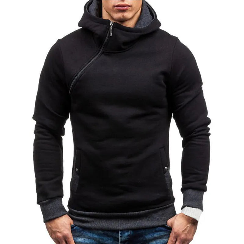 Men's Casual Polyester Cotton Hoodie with Diagonal Zipper