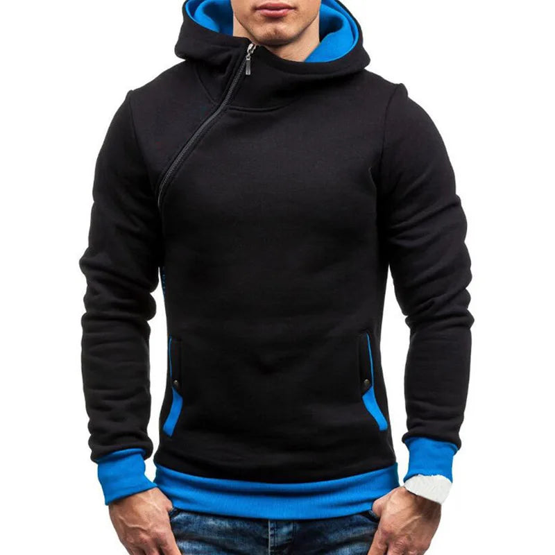 Men's Casual Polyester Cotton Hoodie with Diagonal Zipper