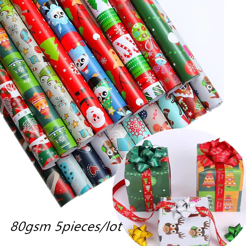 5piece 52x75cm Merry Christmas Decoration Wrapping Gift Wrap Paper New Year Artware Packing Package Paper Christmas Paper