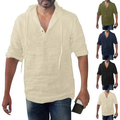 Men's Casual Cotton Linen Hooded Long Sleeve Shirt Plus Size