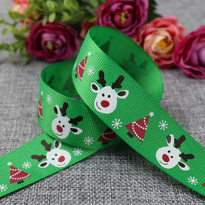 25mm 5 Yards Christmas Ribbon Printed Grosgrain Ribbon for Christmas Decoration Gift Wrapping Wedding Party DIY Hair Bows