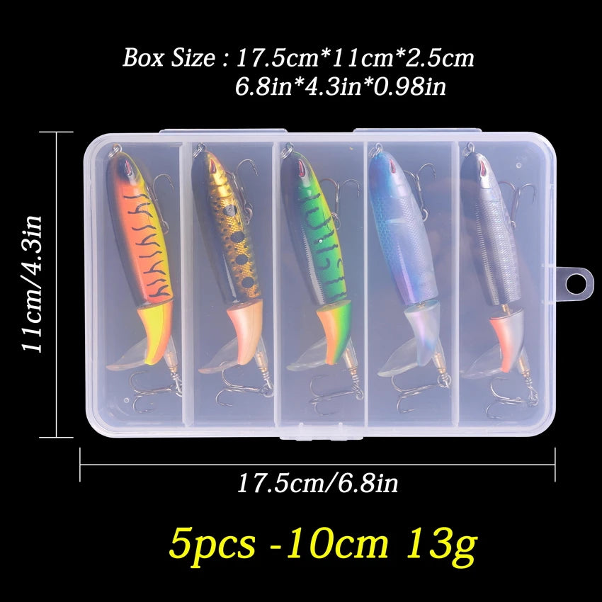 5pcs/Box 100mm Floating Popper Fishing Lure Set Artificial Hard Bait Lures Soft Rotating Tail Fishing Tackle Box
