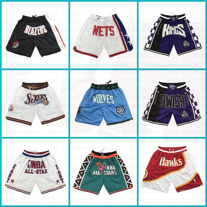 Embroidery Basketball Shorts Retro Sweat Vintage Bulls Magic Heat All Star Basketball Wear Shorts Zipper Pockets Just Men Don