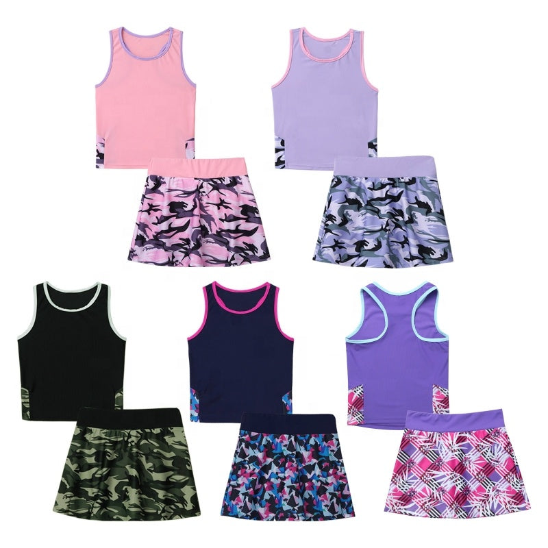 2Pcs Kids Sleeveless Top and Skirt Set Girls Tennis Suit for Running Gym Tennis Golf Sportswear