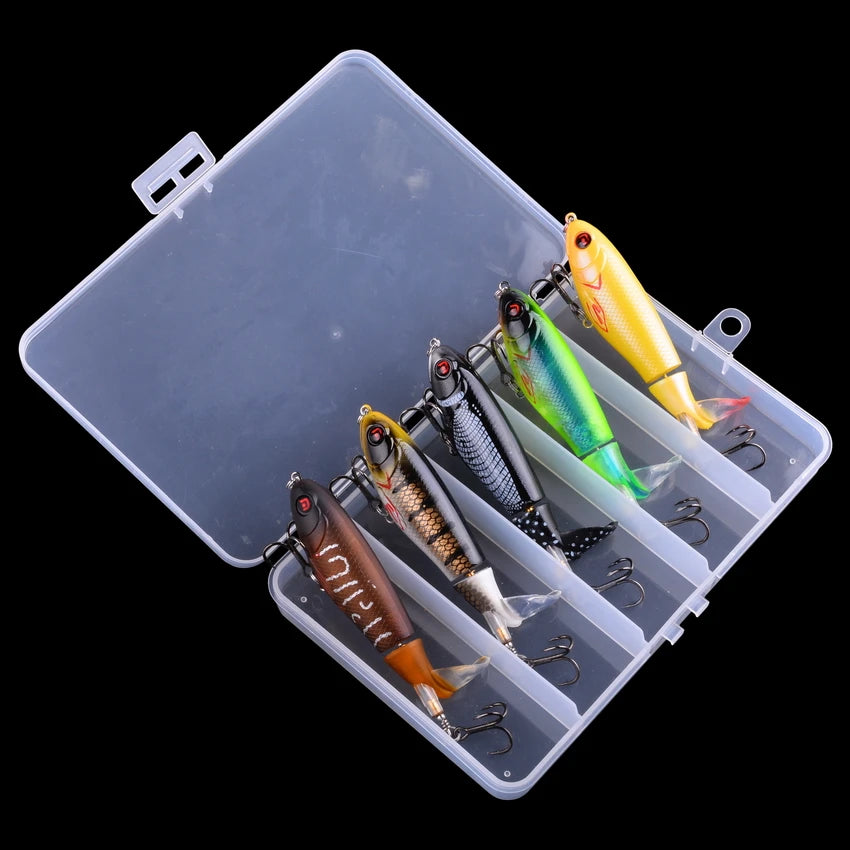 5pcs/Box 100mm Floating Popper Fishing Lure Set Artificial Hard Bait Lures Soft Rotating Tail Fishing Tackle Box
