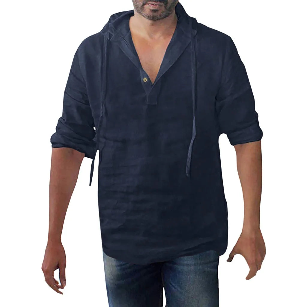 Men's Casual Cotton Linen Hooded Long Sleeve Shirt Plus Size