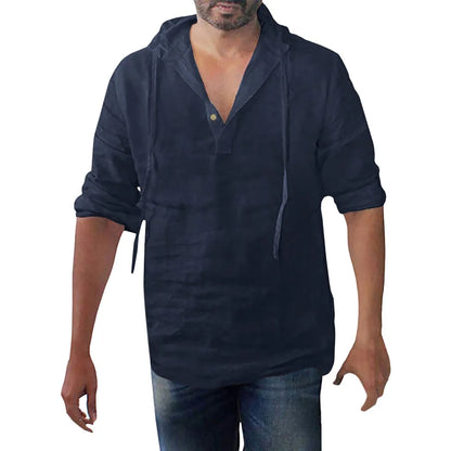 Men's Casual Cotton Linen Hooded Long Sleeve Shirt Plus Size