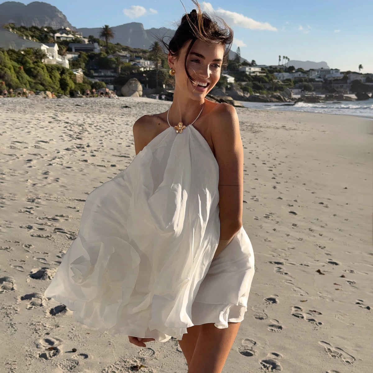 Women's White Woven Chiffon Eco-Friendly Backless