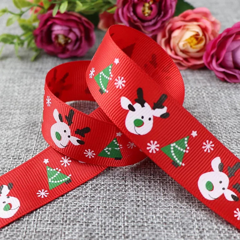 25mm 5 Yards Christmas Ribbon Printed Grosgrain Ribbon for Christmas Decoration Gift Wrapping Wedding Party DIY Hair Bows