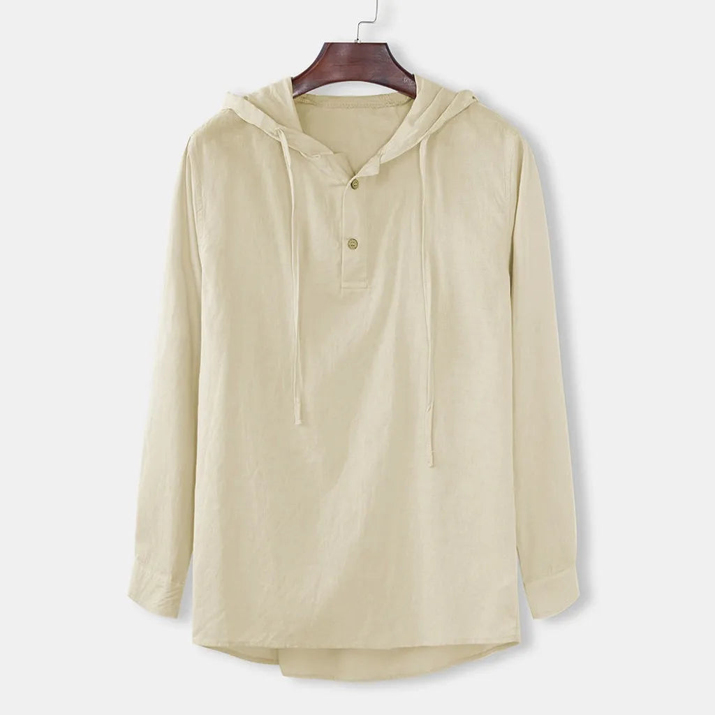 Men's Casual Cotton Linen Hooded Long Sleeve Shirt Plus Size