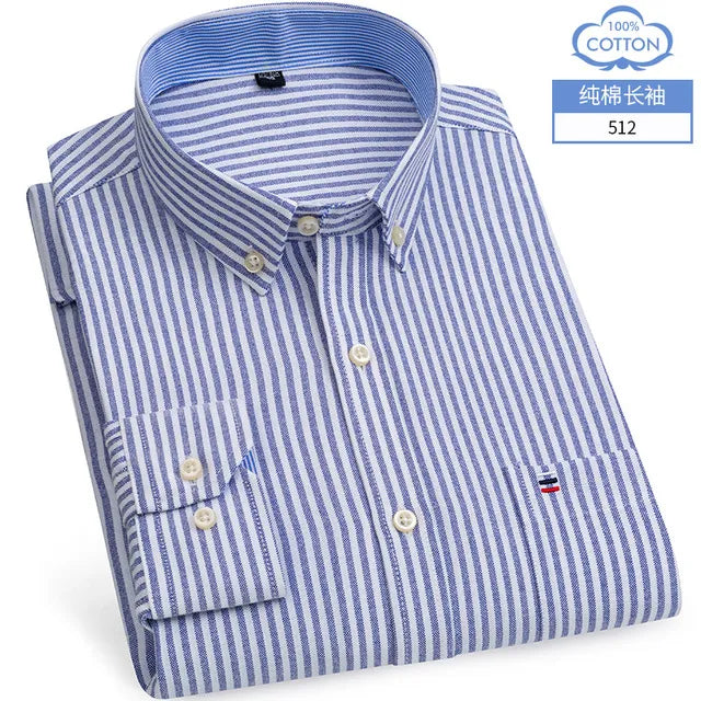 Men's Cotton Oxford Plaid Long Sleeve Casual Shirt with Pocket