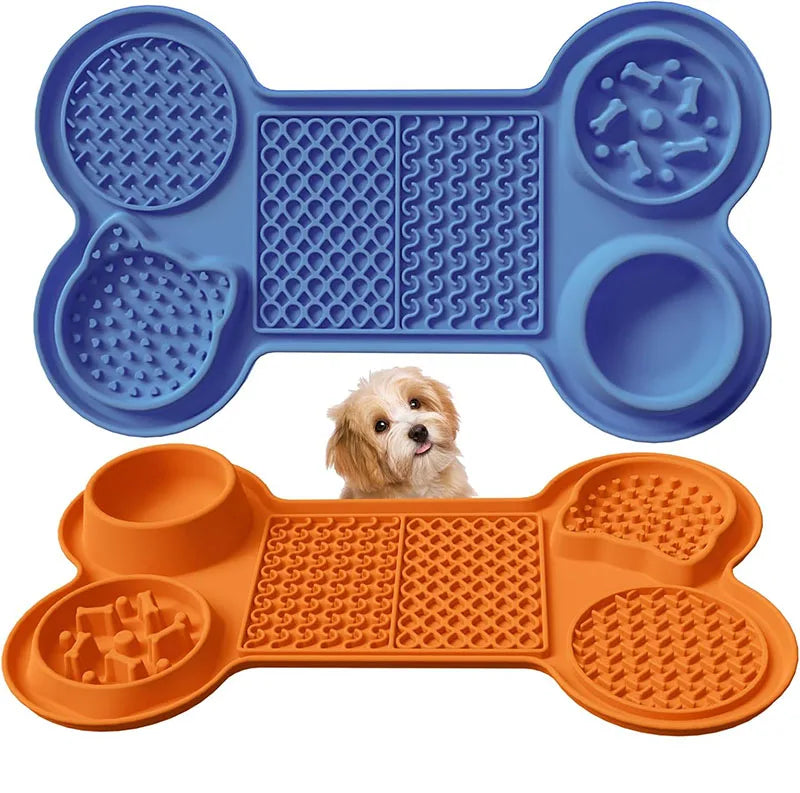 6 in 1 Dogs Slow Feeder Mat Bone Shape Dog Lick Mat Silicone Lick Mat Water Bowl With Suction