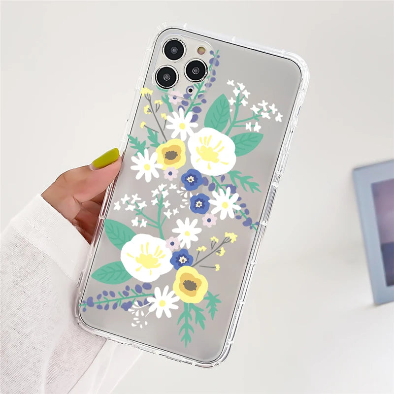 Clear Daisy Floral Printed TPU Phone Case for iPhone 15 Pro Max Shockproof 16 17