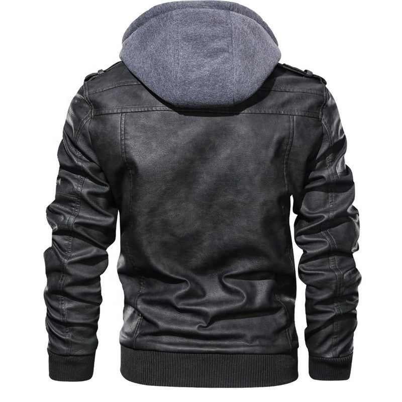 Autumn/Winter Men's Hooded PU Waterproof Leather Jacket Large Size Casual Leather Hiking Clothing Trend Young Motorcycle Wear
