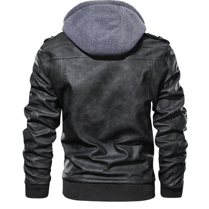 Autumn/Winter Men's Hooded PU Waterproof Leather Jacket Large Size Casual Leather Hiking Clothing Trend Young Motorcycle Wear
