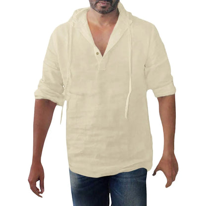 Men's Casual Cotton Linen Hooded Long Sleeve Shirt Plus Size
