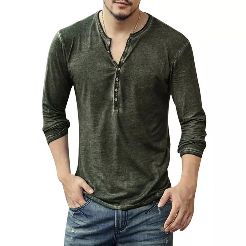 Men's Cotton V-Neck Long Sleeve Button Shirt Casual 5XL
