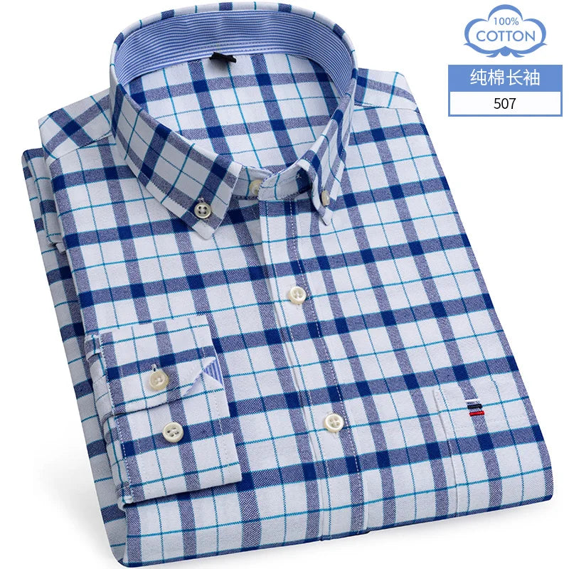 Men's Cotton Oxford Plaid Long Sleeve Casual Shirt with Pocket