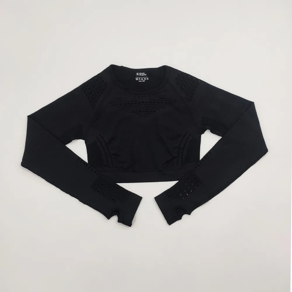 2021 New Women's Fitness T-Shirt Sport Crop Top Long Sleeve Layer Crew Neck Power Stretch  Yoga Crop Top Sexy Gym Clothing