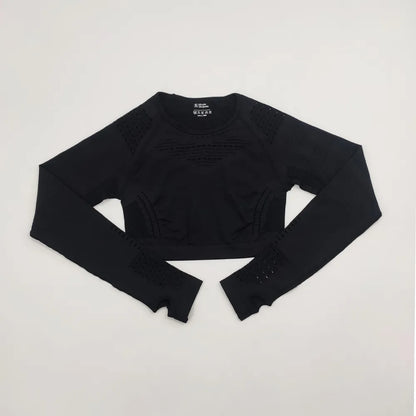 2021 New Women's Fitness T-Shirt Sport Crop Top Long Sleeve Layer Crew Neck Power Stretch  Yoga Crop Top Sexy Gym Clothing