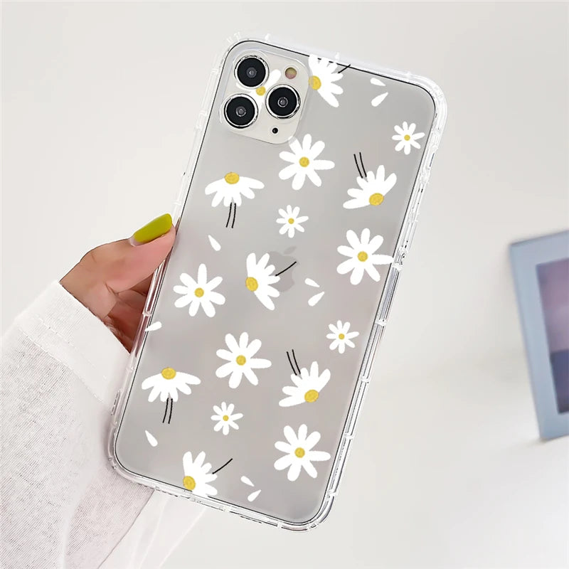 Clear Daisy Floral Printed TPU Phone Case for iPhone 15 Pro Max Shockproof 16 17