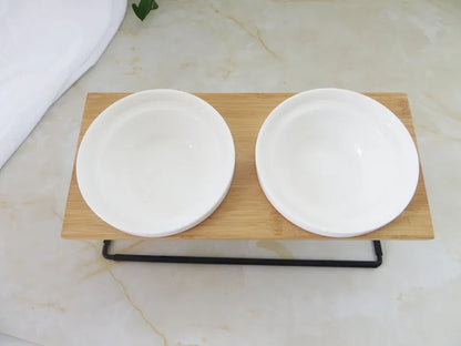 Cute Cat Bowl High-End Pet Bowl Bamboo Shelf Ceramic Feeding and Drinking Bowls for Dogs and Cats Pet Feeder Dog Double Bowls