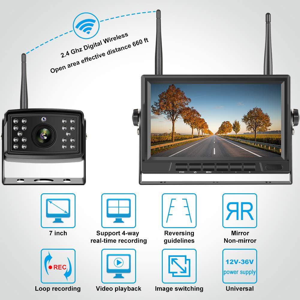 IPoster Digital Wireless Backup Camera Kit  IP69 Waterproof Rear View Camera and 7in Split/Quad Screen With DVR