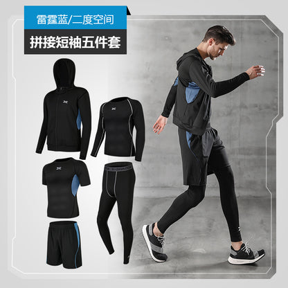 Dropshipping 5 Piece Men Workout Clothes Fitness Set Man Gym Basketball Sports Training Suit Wear