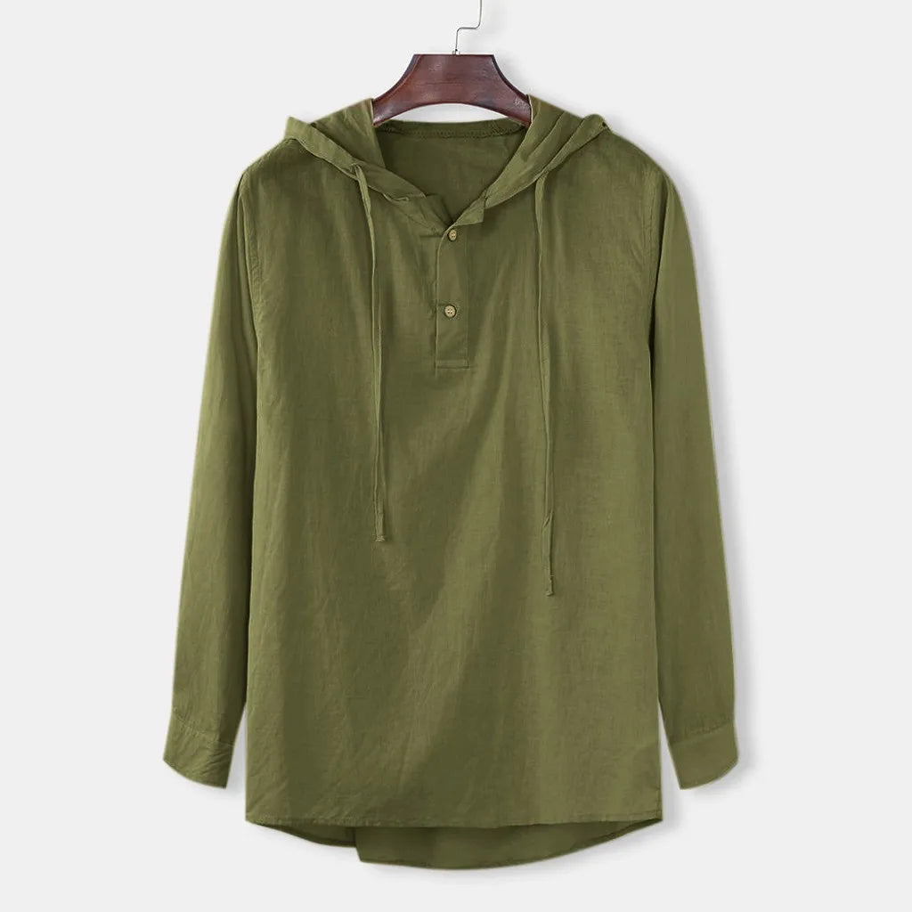 Men's Casual Cotton Linen Hooded Long Sleeve Shirt Plus Size