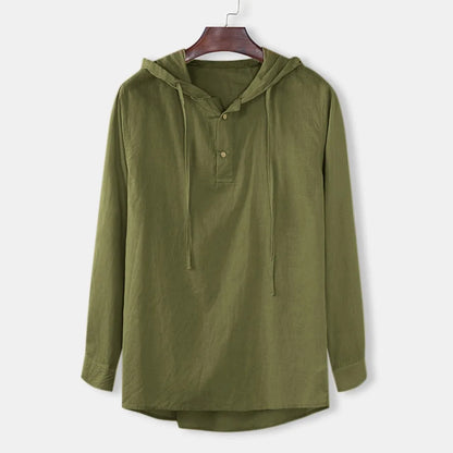 Men's Casual Cotton Linen Hooded Long Sleeve Shirt Plus Size