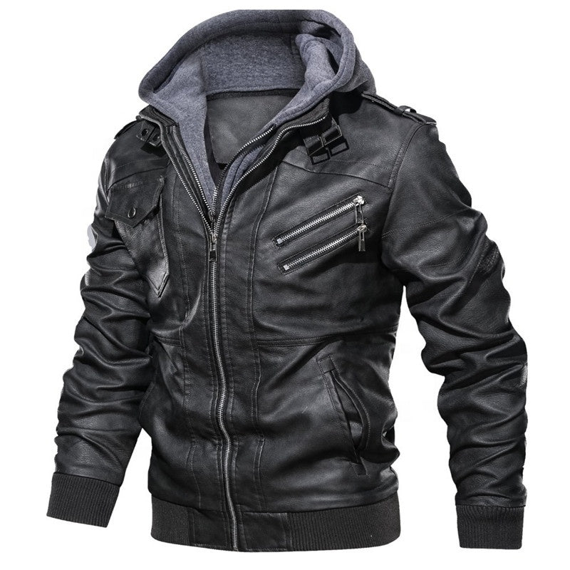 Autumn/Winter Men's Hooded PU Waterproof Leather Jacket Large Size Casual Leather Hiking Clothing Trend Young Motorcycle Wear